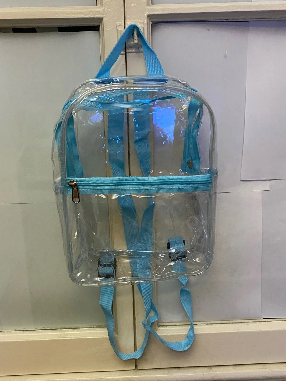 Clear PVC Backpack with Light Blue Trim,women's adjustable bag